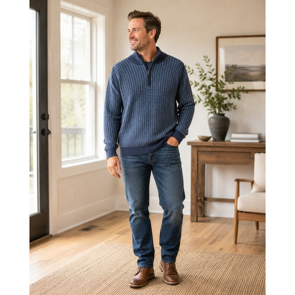 Tom James Mens Blue Textured Knit Quarter Zip Pullover Sweater Mock Neck M-L